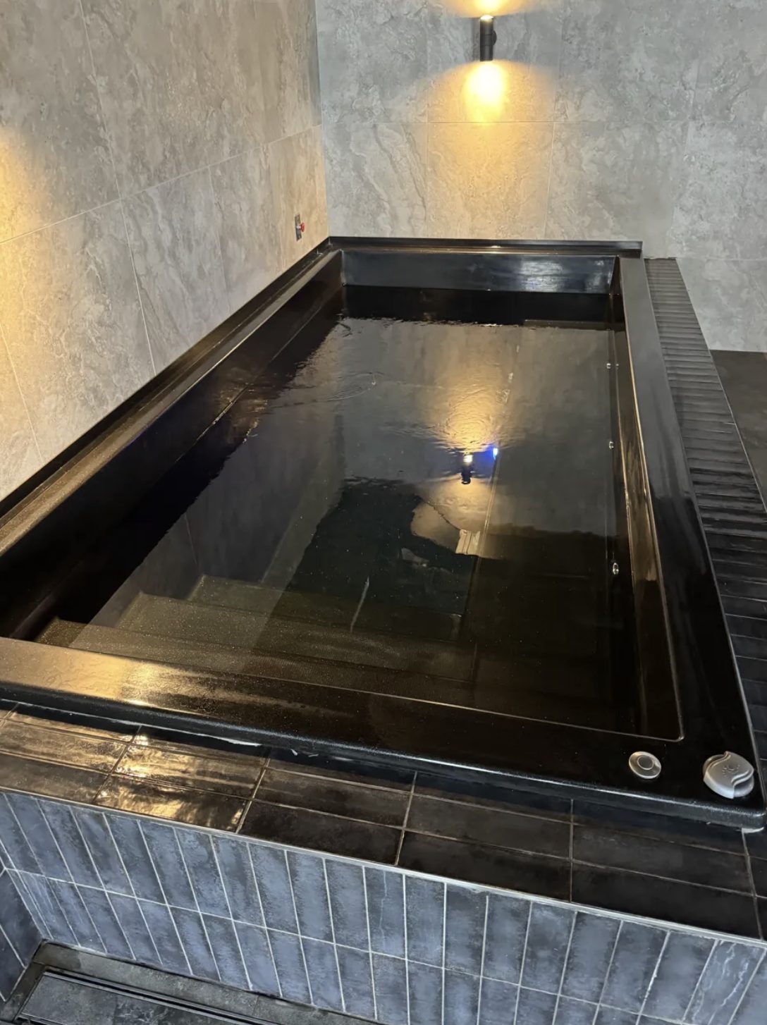 Dark tiled commercial cold plunge