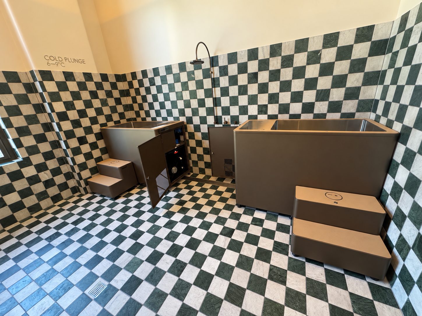 Twin cold plunges in a checkerboard-tiled commercial recovery room